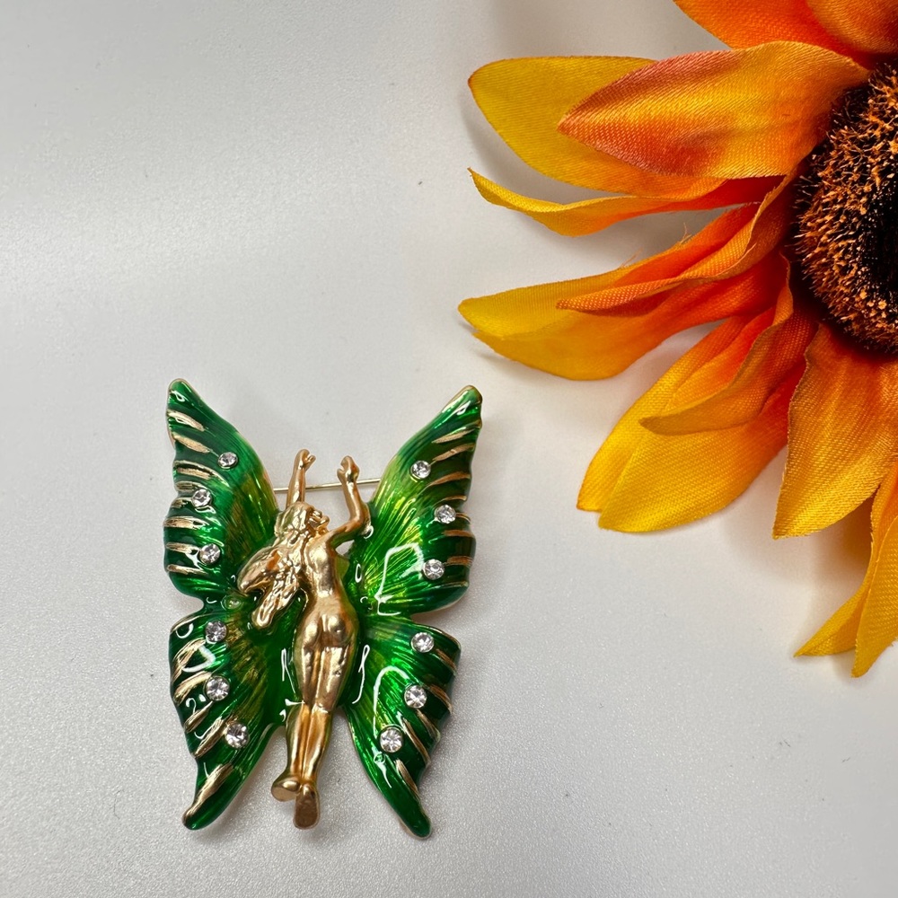 🧚NEW🧚 Art Deco Style Enamel & Rhinestone Fairy Brooch